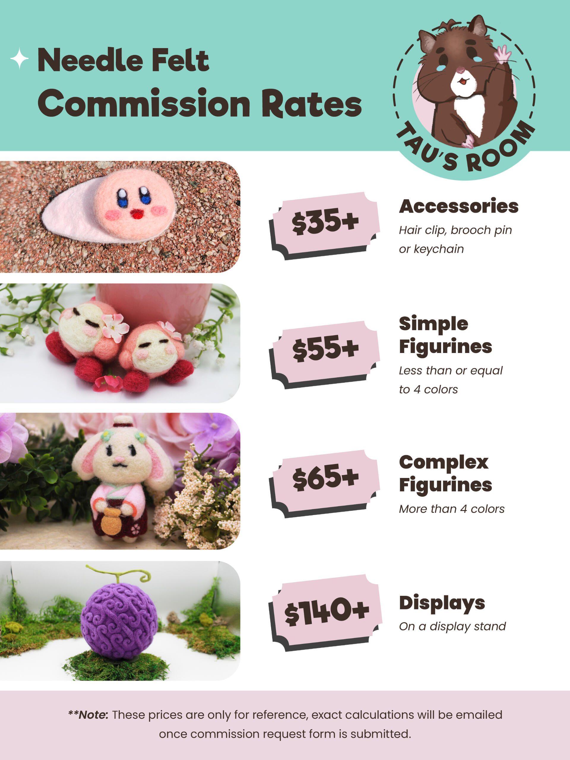 Tau's Room needle felt commission rates page with general prices